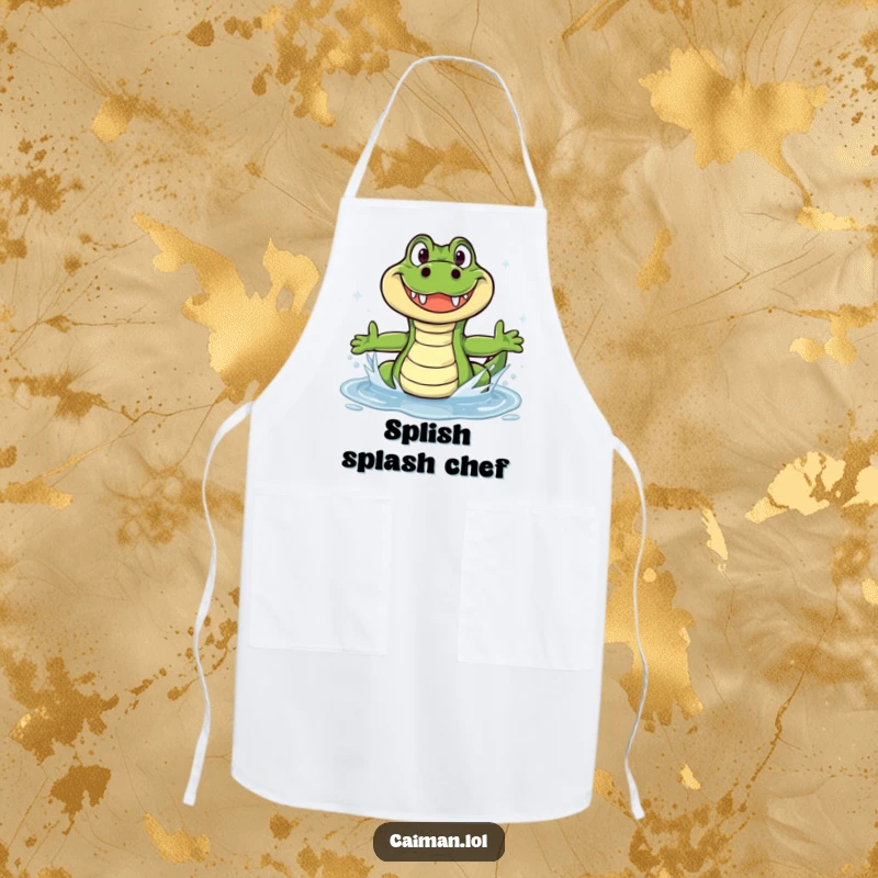 Funny Caiman Apron: A humorous cooking apron showing a funny caiman with a wide grin splashing in a sparkling puddle.