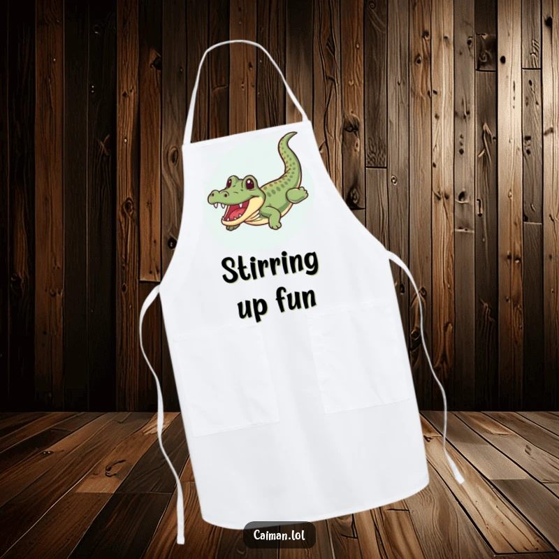 Funny Caiman Apron, a humorous kitchen garment featuring a caiman joyfully swimming through bubbly water, bringing aquatic cheer to cooking.