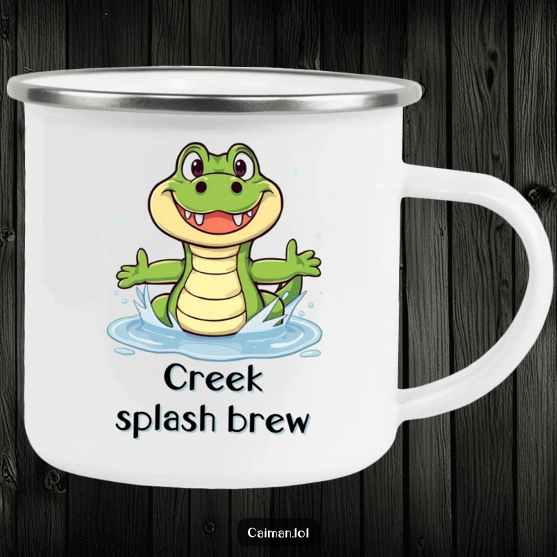 Funny Caiman Camping Mug: A sturdy mug with a funny caiman happily splashing in a sparkling puddle.