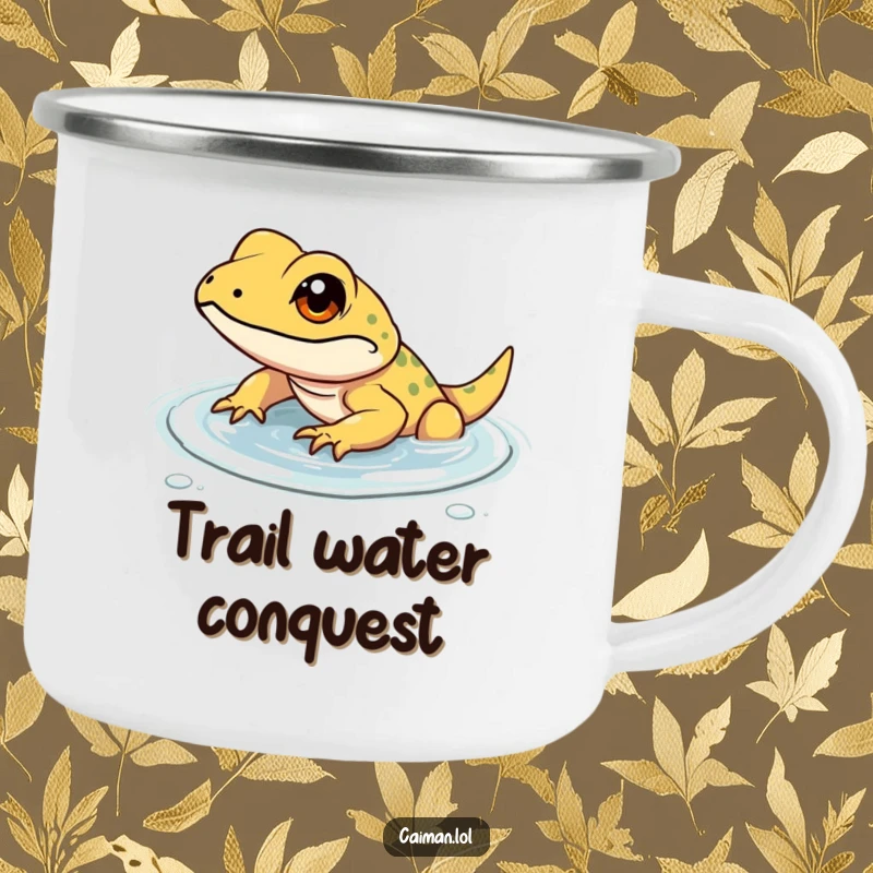 Funny camping mug showing a determined, small reptile with a focused gleam, wading through shallow, clear water, symbolizing perseverance in nature.