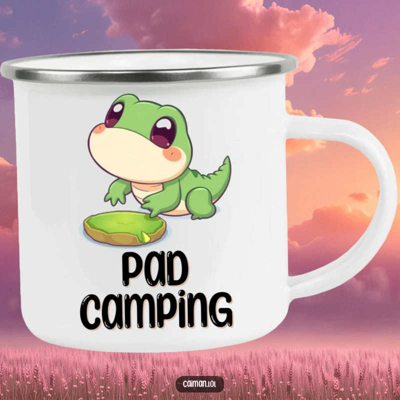 Funny Camping Mug with a chubby, stylized reptile with big, innocent eyes playfully lunging towards a floating lily pad, ready for the outdoors.
