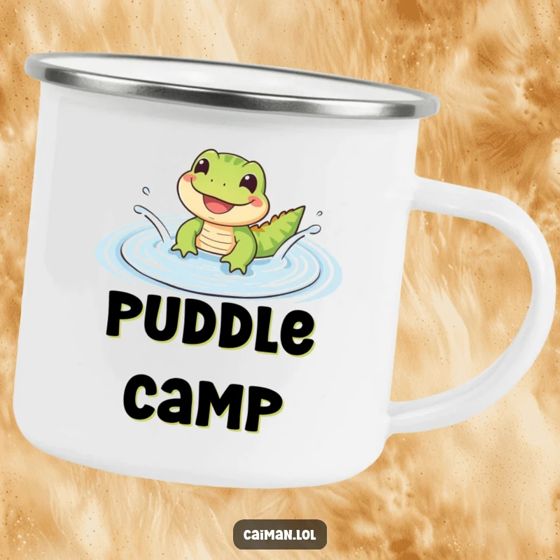 Funny Camping Mug with a small, cute reptile with a wide, happy grin splashing in a gentle, rippling puddle, ready for adventure.