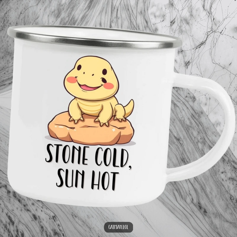 Funny camping mug showcasing a round, friendly reptile with an upturned snout, grinning happily while sunning on a warm stone, perfect for nature lovers.