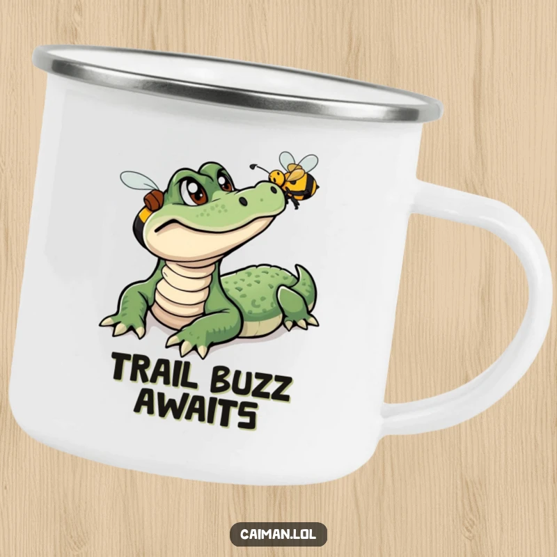 Funny Caiman Camping Mug, a durable outdoor mug featuring a curious caiman following a buzzing bee, blending adventure and humor.