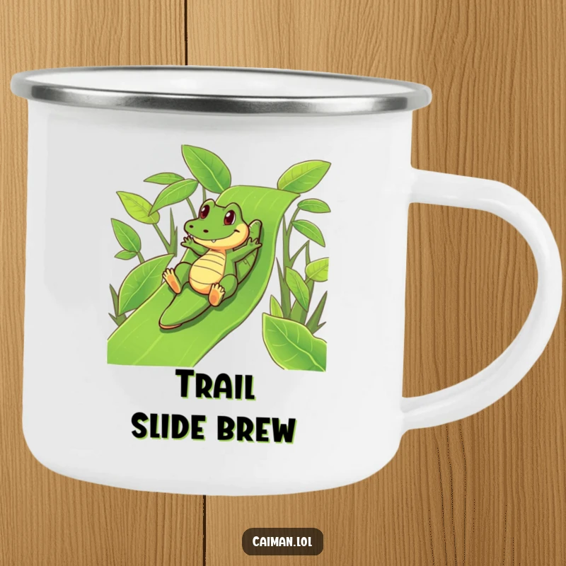 Funny Caiman Camping Mug: A sturdy mug with a funny caiman playfully sliding down a vibrant, green leafy slide.