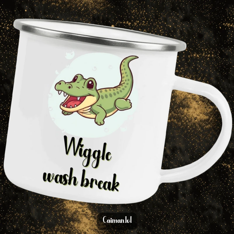Funny Caiman Camping Mug, a durable outdoor mug featuring a caiman joyfully swimming and wiggling through bubbly water, blending adventure and humor.
