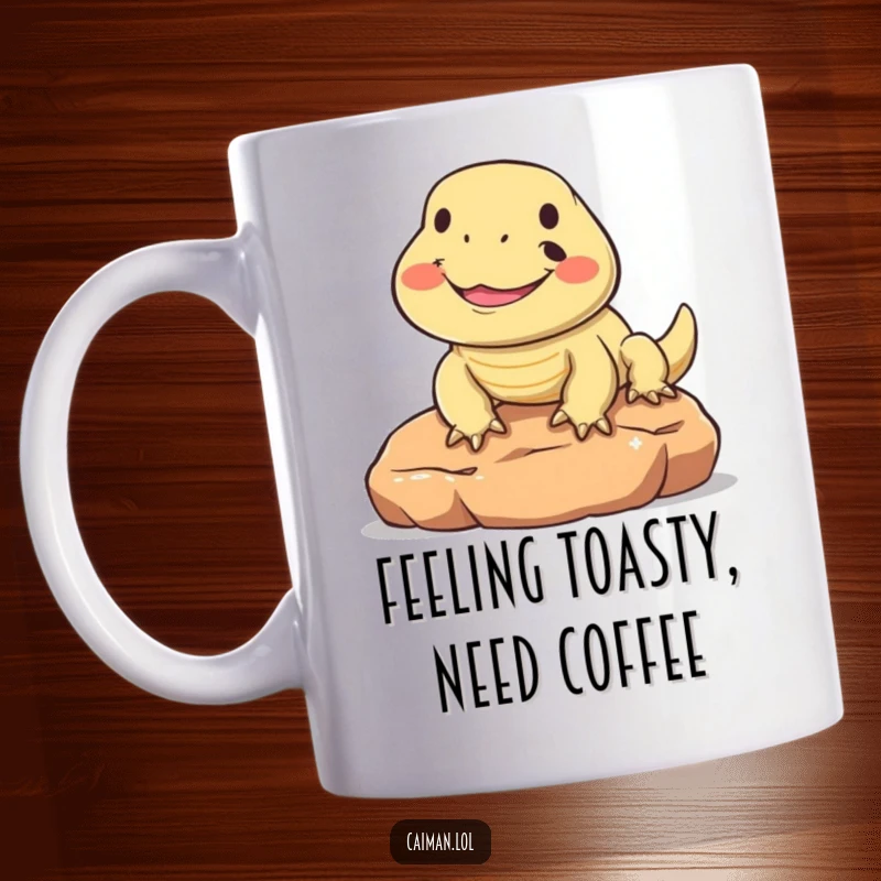 Funny mug featuring a round, friendly reptile with an upturned snout, grinning widely while basking on a sun-warmed stone, radiating pure joy.