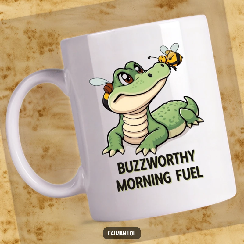 Funny Caiman Mug, a curious reptile with wide eyes intently following a small, buzzing colorful bee, illustrating a humorous nature encounter.