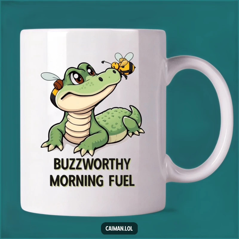 Funny Caiman Bee Tracker Mug: A Curious Reptile's Humorous Adventure Gift