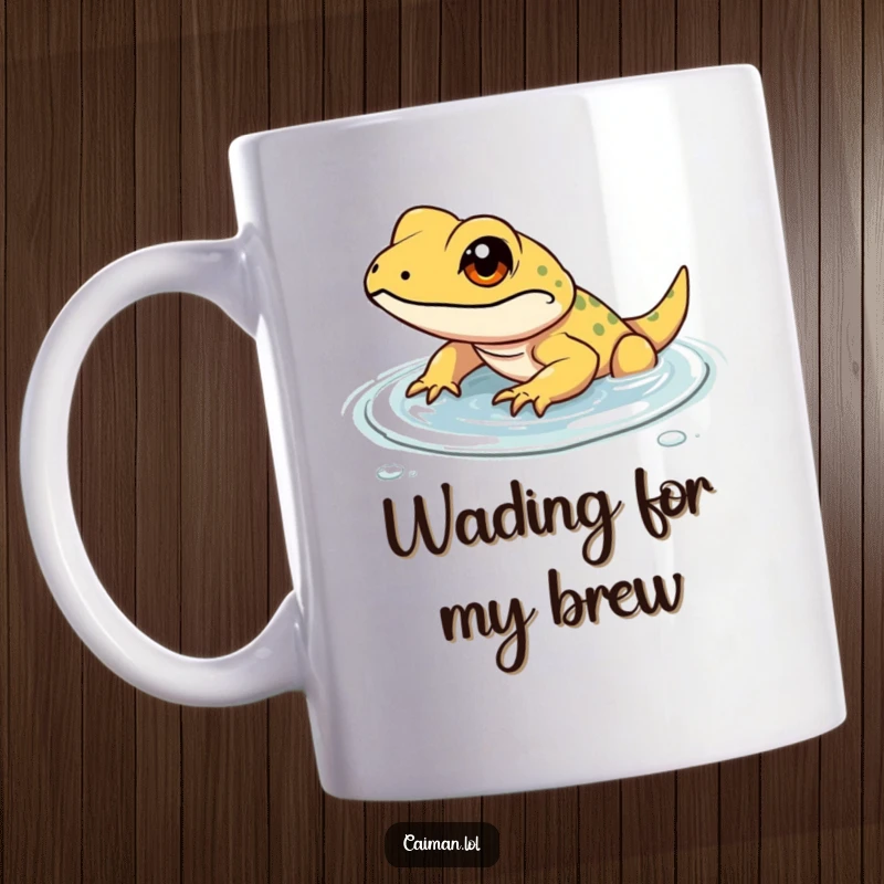 Funny mug depicting a determined, small reptile with a gleam in its eye, resolutely wading through shallow, clear water, symbolizing focus.