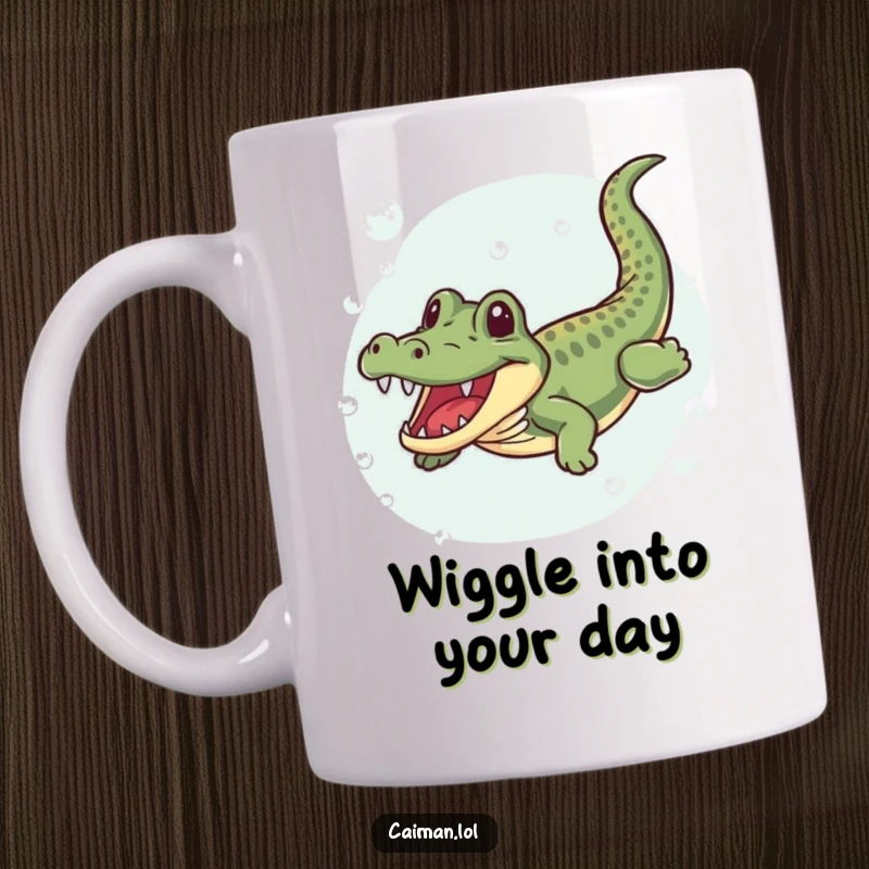 Funny Caiman Mug, a joyful reptile doing a happy wiggle while swimming through clear, bubbly water, capturing pure aquatic fun.