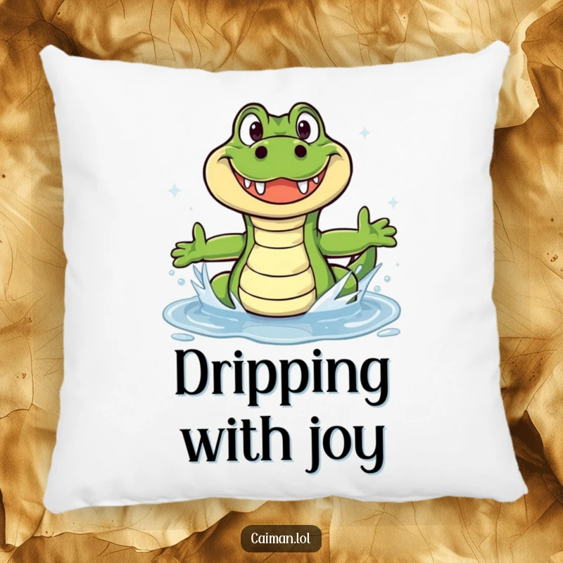 Funny Caiman Pillow: A plush cushion featuring a funny caiman with a wide, friendly smile splashing happily in a sparkling puddle.