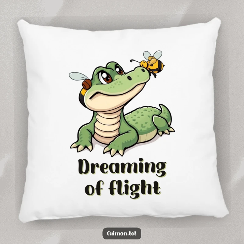 Funny Caiman Pillow, a soft cushion with a humorous illustration of a curious caiman intently watching a small, colorful bee.