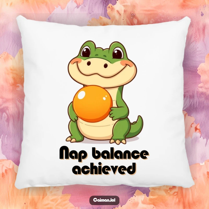 Funny Caiman Pillow, a soft cushion depicting a caiman with a silly expression, balancing a round orange fruit on its snout, adding humor.