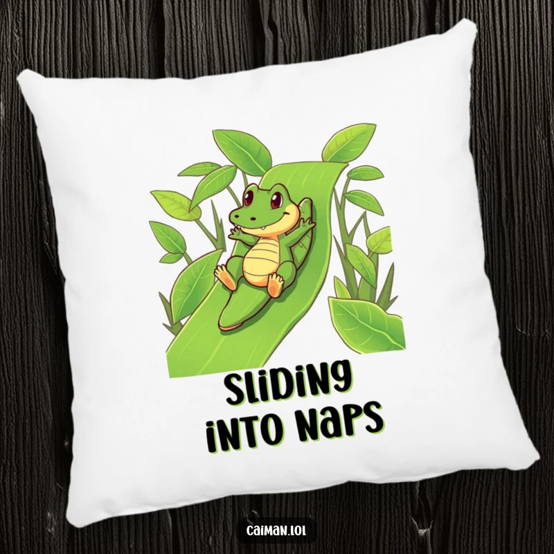 Funny Caiman Pillow: A plush cushion featuring a funny caiman playfully sliding down a vibrant, green leafy slide.