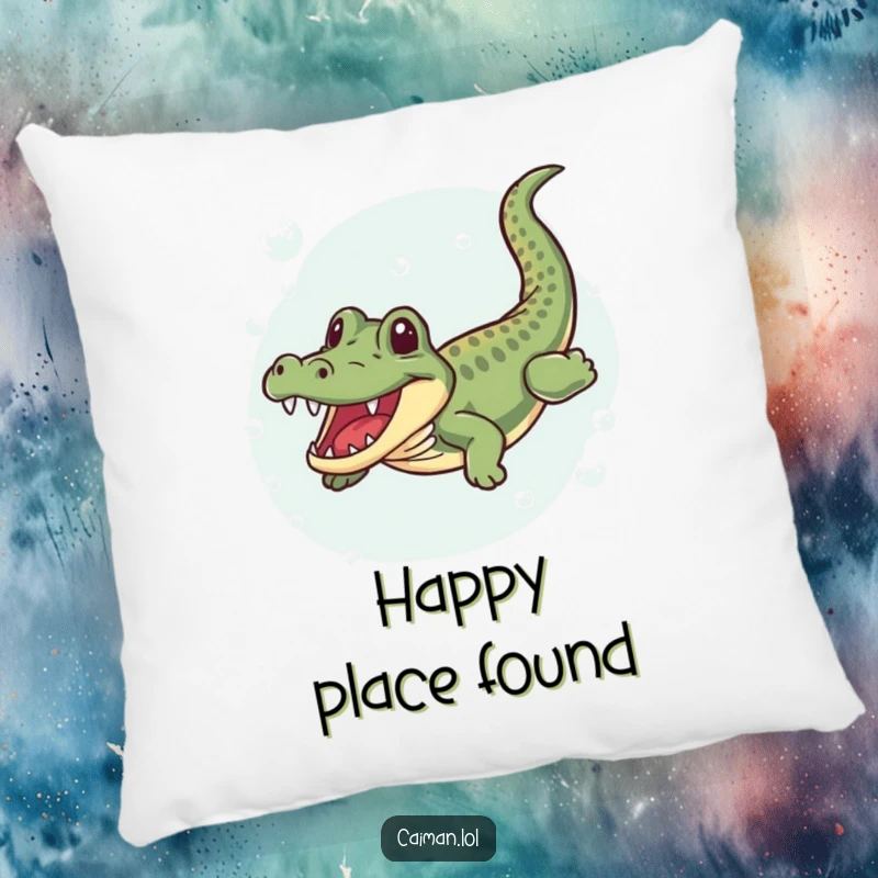 Funny Caiman Pillow, a soft cushion depicting a caiman with a joyful wiggle, swimming happily in bubbly, clear water, perfect for aquatic comfort.