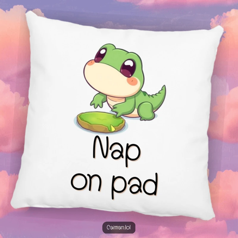 Funny Pillow featuring a chubby, stylized reptile with big, innocent eyes playfully lunging towards a floating lily pad, offering cozy charm.