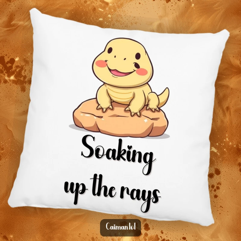 Funny pillow with a round, friendly reptile, its snout upturned in a wide smile, enjoying the sun on a warm stone, perfect for lounging.