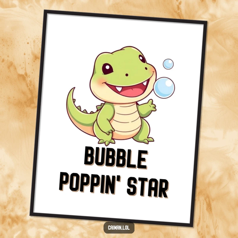 Funny digital art print of a cheerful, toothy reptile with a stubby tail playfully snapping at a tiny floating bubble, capturing pure amusement.