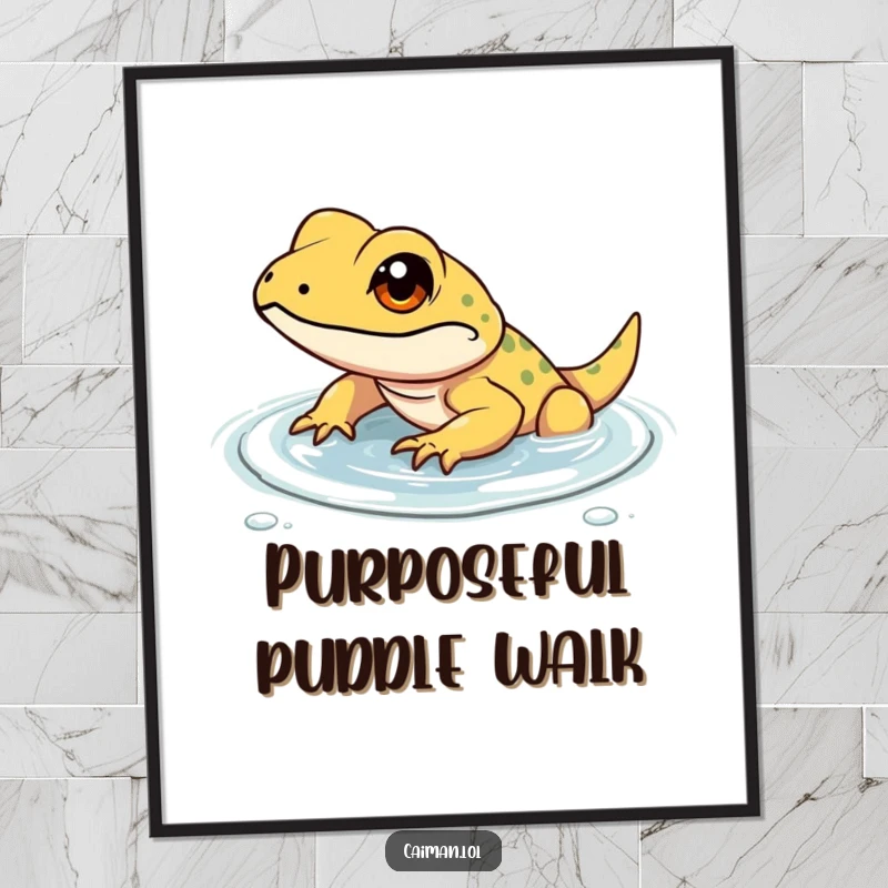 Funny digital art print of a determined, small reptile with a focused gleam, wading through shallow, clear water, symbolizing perseverance.