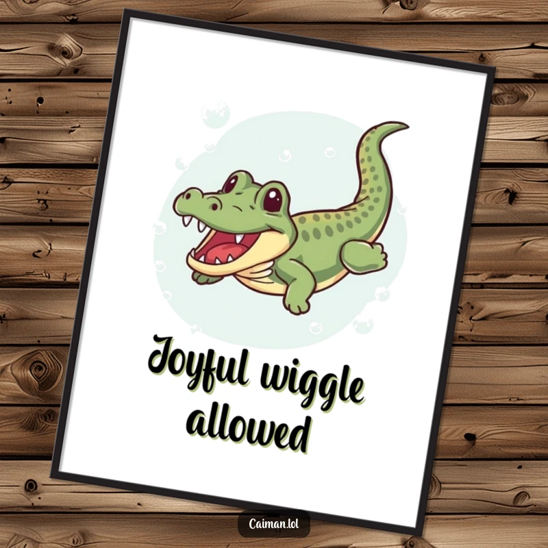 Funny Caiman Digital Art Print, a humorous illustration of a caiman joyfully swimming and wiggling through clear, bubbly water, ready to be printed.