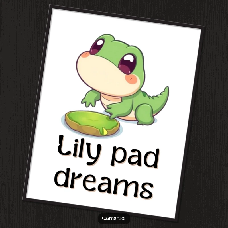 Funny Digital Art Print of a chubby, stylized reptile with big, innocent eyes playfully lunging towards a floating lily pad.