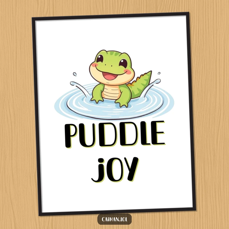 Funny Digital Art Print of a small, cute reptile with a wide, happy grin splashing joyfully in a gentle, rippling puddle.