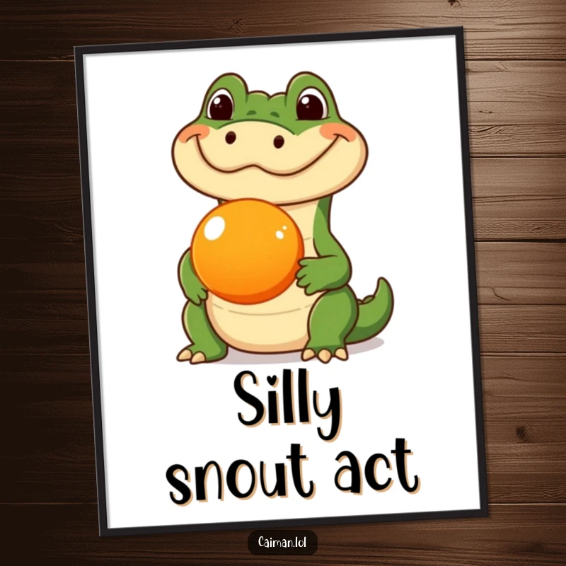 Funny Caiman Digital Art Print, a humorous illustration of a caiman with a silly expression, balancing a round orange fruit on its snout, ready to print.