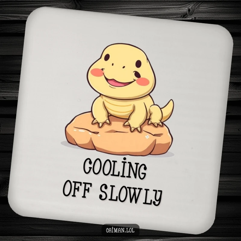 Funny drink coaster with a round, friendly reptile smiling widely while sunning on a warm stone, adding a cheerful accent to your table.