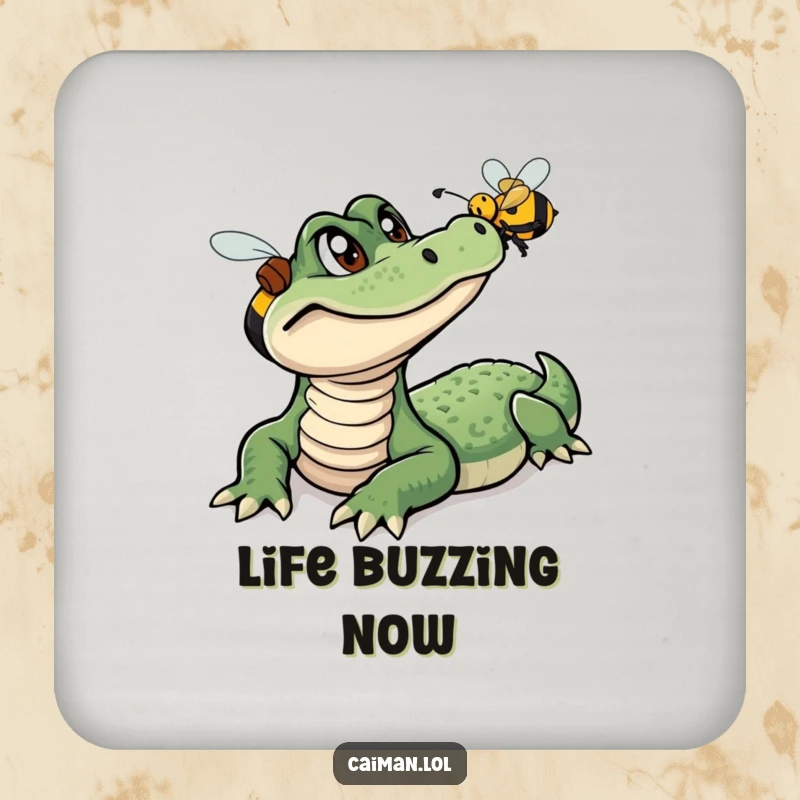 Funny Caiman Coaster, a small coaster showcasing a curious caiman observing a colorful, buzzing bee, adding humor to drink protection.