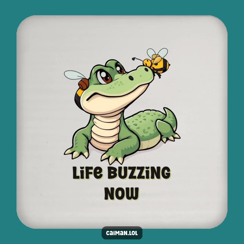 Funny Caiman Bee Protector Coaster: Humorous Reptile Drink Accessory Gift
