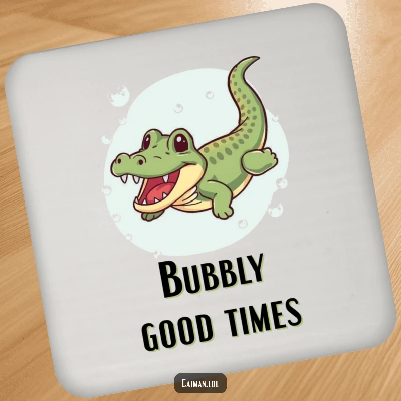 Funny Caiman Coaster, a coaster showing a caiman joyfully swimming and wiggling through clear, bubbly water, adding humor to drink protection.
