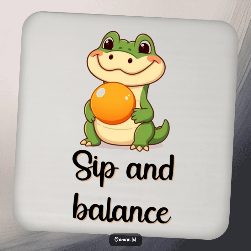 Funny Caiman Coaster, a coaster showing a caiman with a silly expression, balancing a round orange fruit on its snout, adding humor to surfaces.