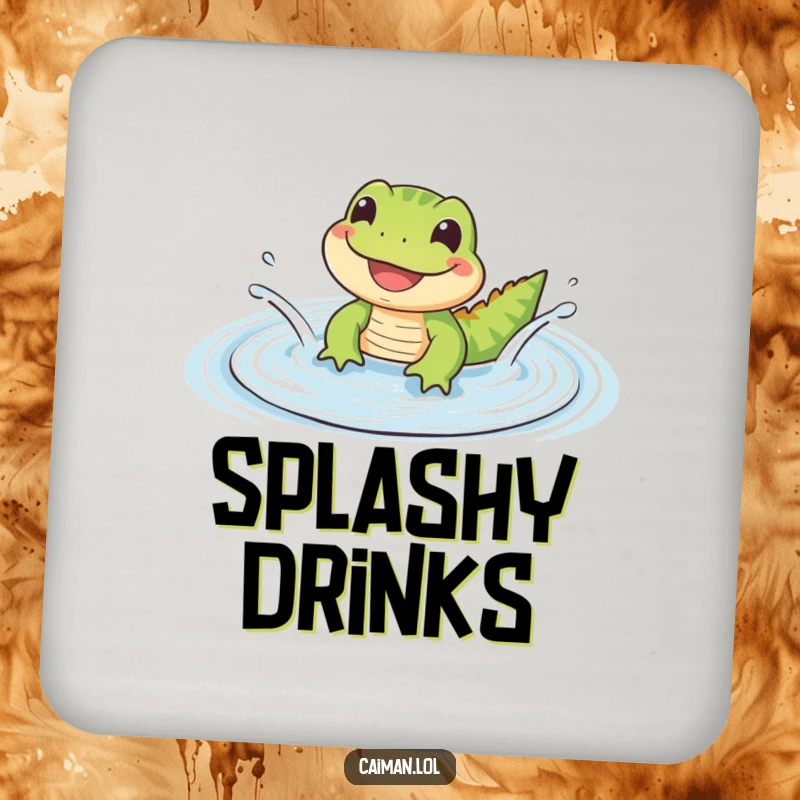 Funny Coaster featuring a small, cute reptile with a wide, happy grin splashing in a gentle, rippling puddle, adding cheer.