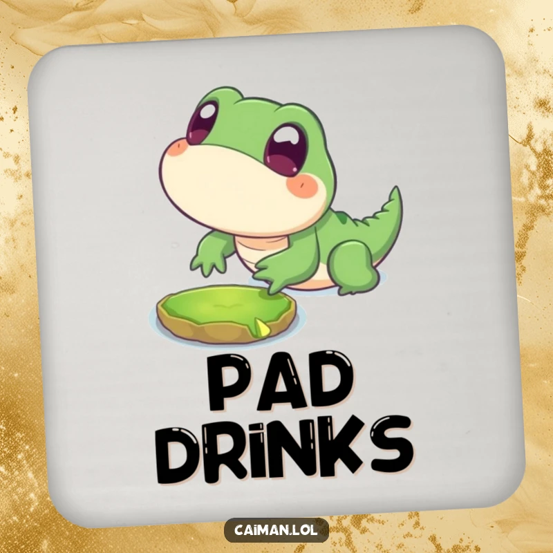 Funny Coaster featuring a chubby, stylized reptile with big, innocent eyes playfully lunging towards a floating lily pad, adding whimsical charm.