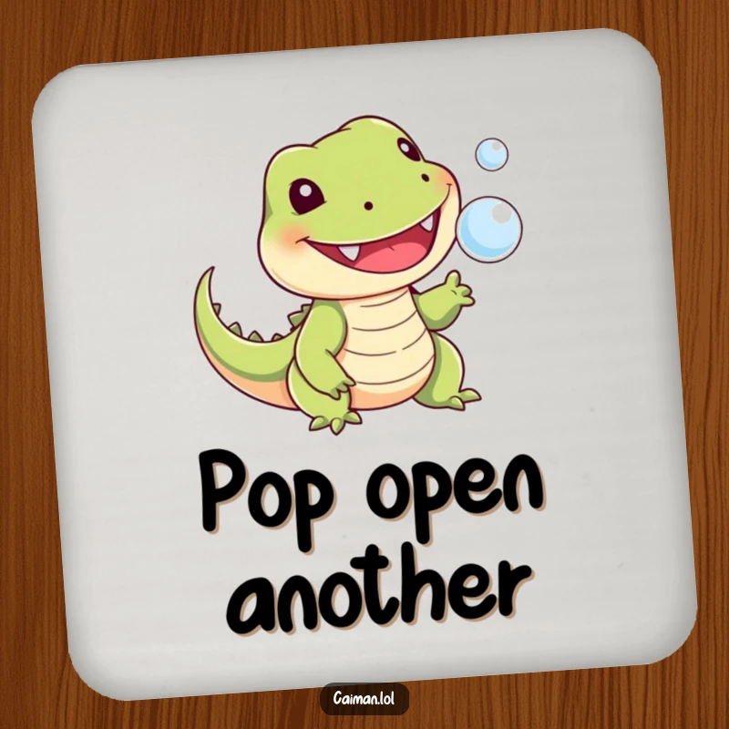 Funny drink coaster with a cheerful, toothy reptile playfully snapping at a tiny floating bubble, adding a whimsical accent to your table.