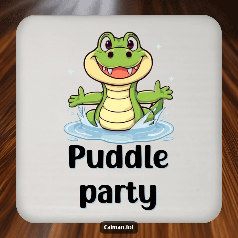 Funny Caiman Coaster: A humorous coaster showing a funny caiman with a wide grin splashing in a sparkling puddle.