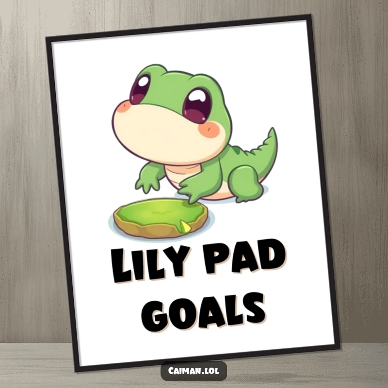 Funny Poster of a chubby, stylized reptile with big, innocent eyes playfully lunging towards a floating lily pad, full of charm.