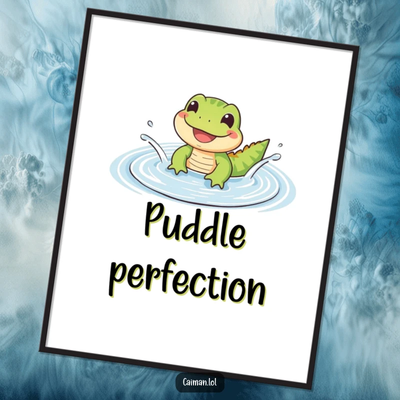 Funny Poster of a small, cute reptile with a wide, happy grin splashing joyfully in a gentle, rippling puddle, full of cheer.