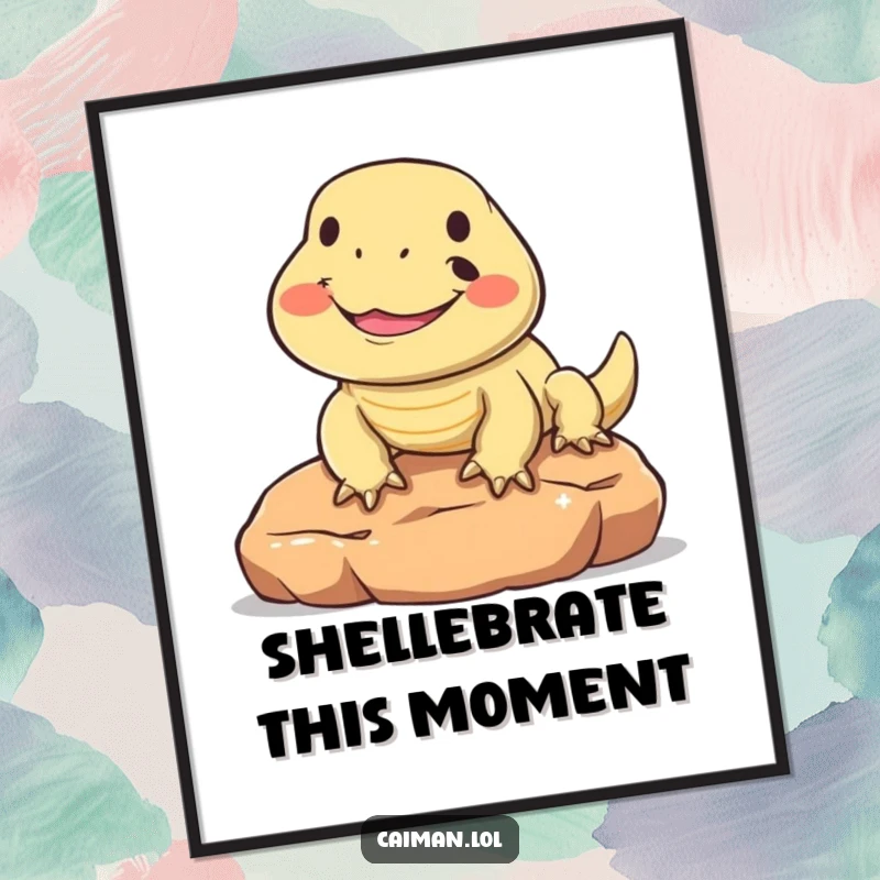 Funny poster of a round, friendly reptile with an upturned snout, smiling broadly while basking on a warm stone, a delightful wall decoration.