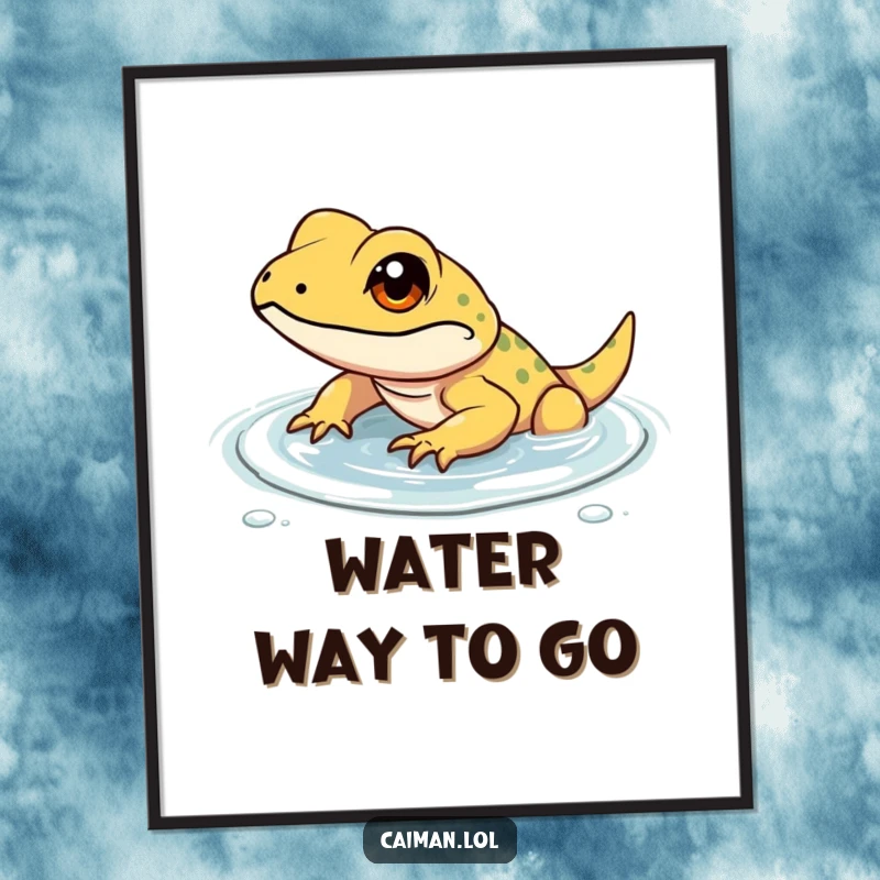 Funny poster of a determined, small reptile with a focused gleam, confidently wading through shallow, clear water, symbolizing ambition and drive.