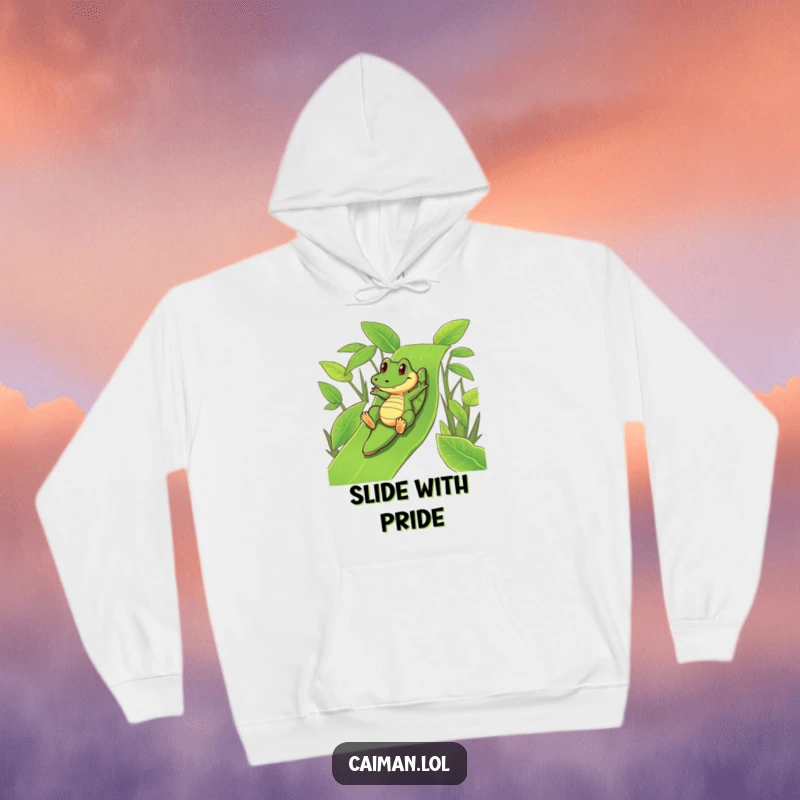 Funny Caiman Hoodie: A warm hoodie featuring a funny caiman playfully sliding down a vibrant, green leafy slide.