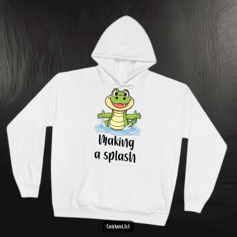 Funny Caiman Hoodie: A warm hoodie featuring a funny caiman with a wide, friendly smile splashing happily in a sparkling puddle.