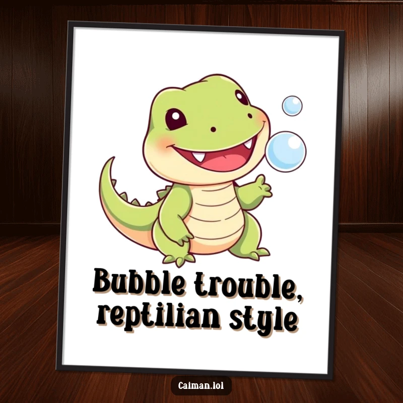 Funny Free Printable Wall Art: A cheerful, toothed reptile with a stubby tail playfully snapping at a tiny floating bubble.