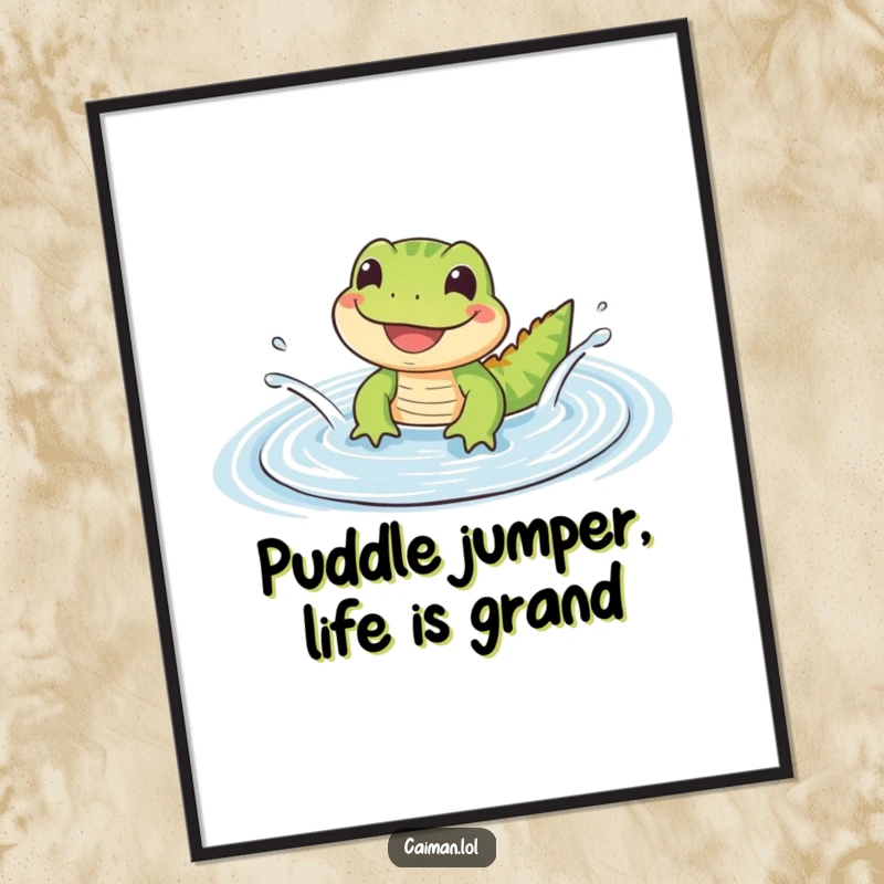 Funny Free Printable Wall Art: A small cute reptile with a wide happy grin splashing in a gentle puddle, quirky art.