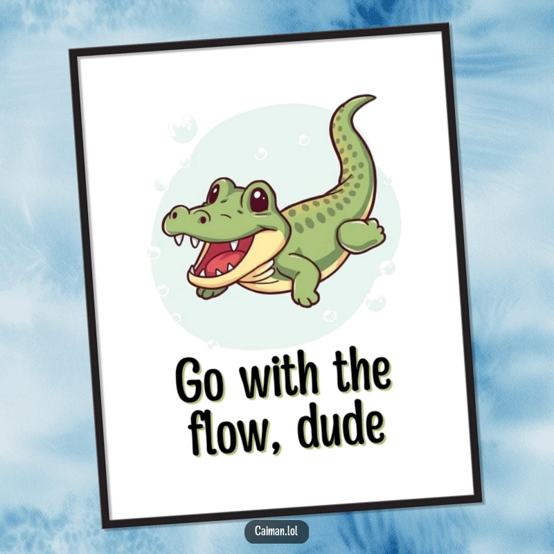Funny Free Printable Wall Art: A caiman with a joyful wiggle mid-swim in clear bubbly water, unique.