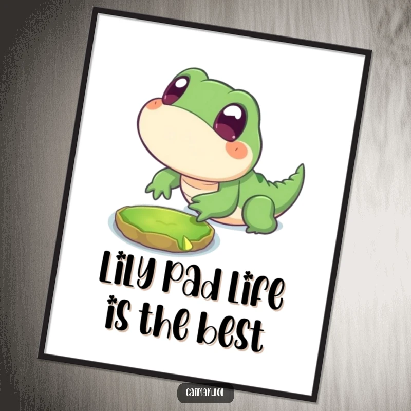 Funny Free Printable Wall Art: Chubby stylized reptile with big innocent eyes playfully lunging towards a floating lily pad, art.