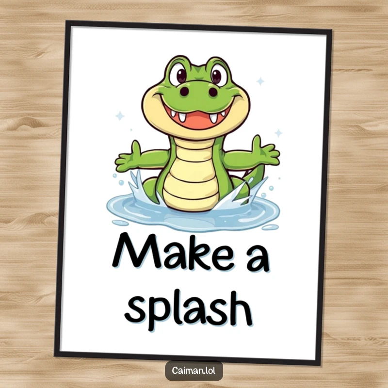 Funny free printable caiman wall art of a grinning reptile splashing in a sparkling puddle, cheerful decor.