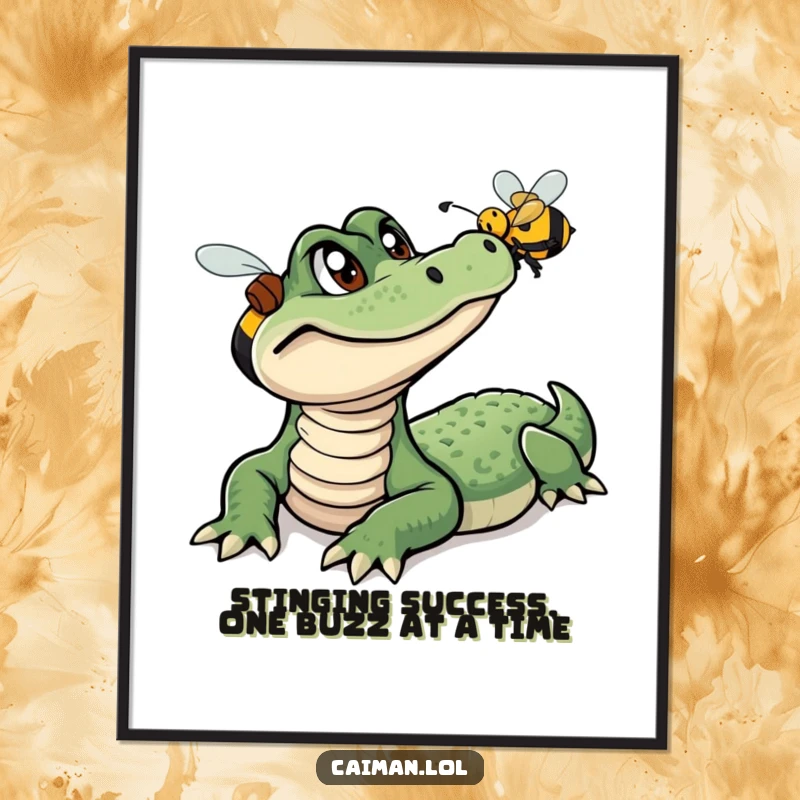 Funny Free Printable Wall Art: A curious caiman with wide eyes intently following a colorful buzzing bee.