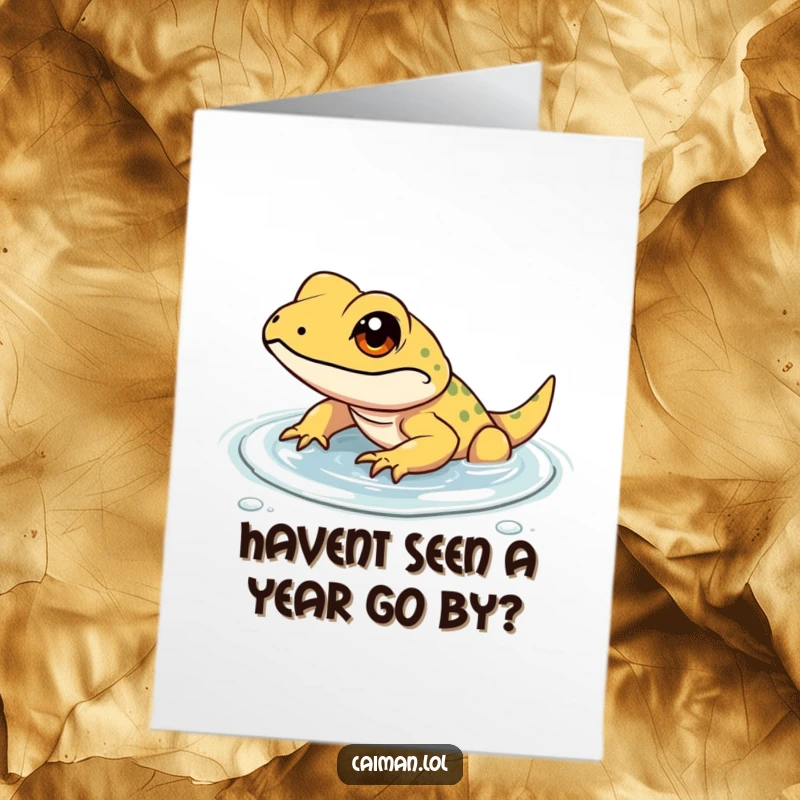 Funny Free Printable Birthday Card: A determined small reptile with a gleam in its eye wades through shallow, clear water.